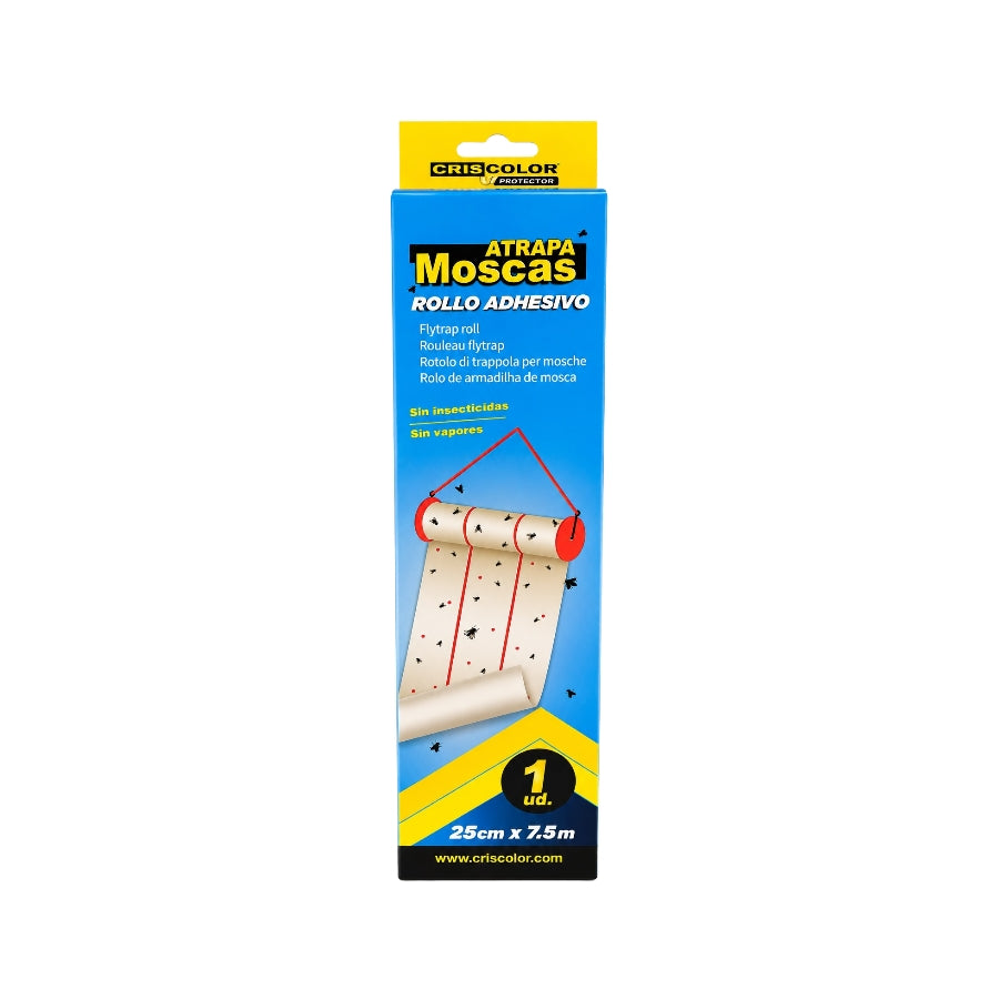 Vista frontal do Rolo Adesivo Apanha-Moscas Criscolor 25 × 7,5 m