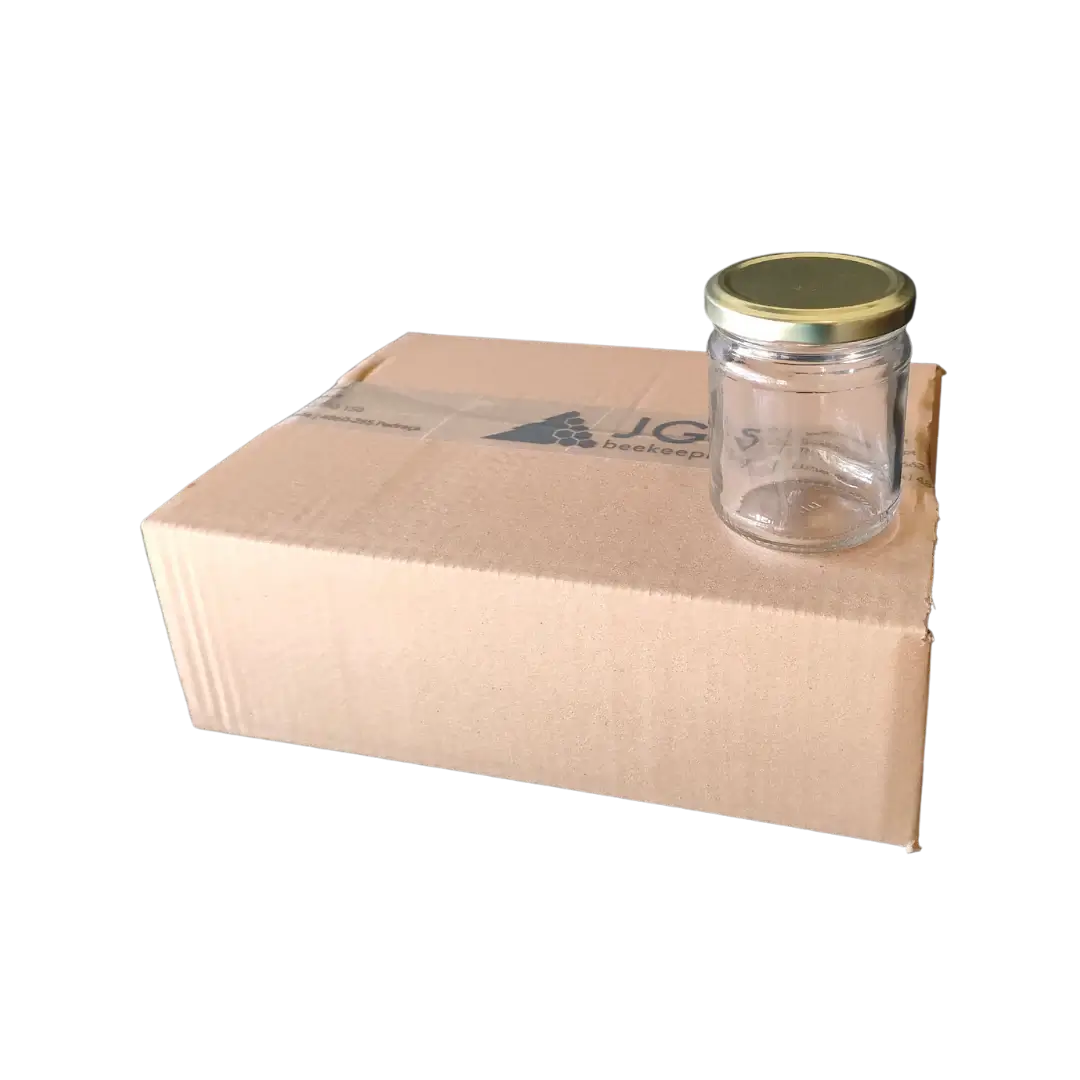 Caixa com 12 frascos de vidro liso, 1/4kg, 212ml, com tampa TO63 dourada