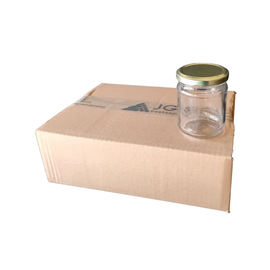 Caixa com 12 frascos de vidro liso, 1/4kg, 212ml, com tampa TO63 dourada