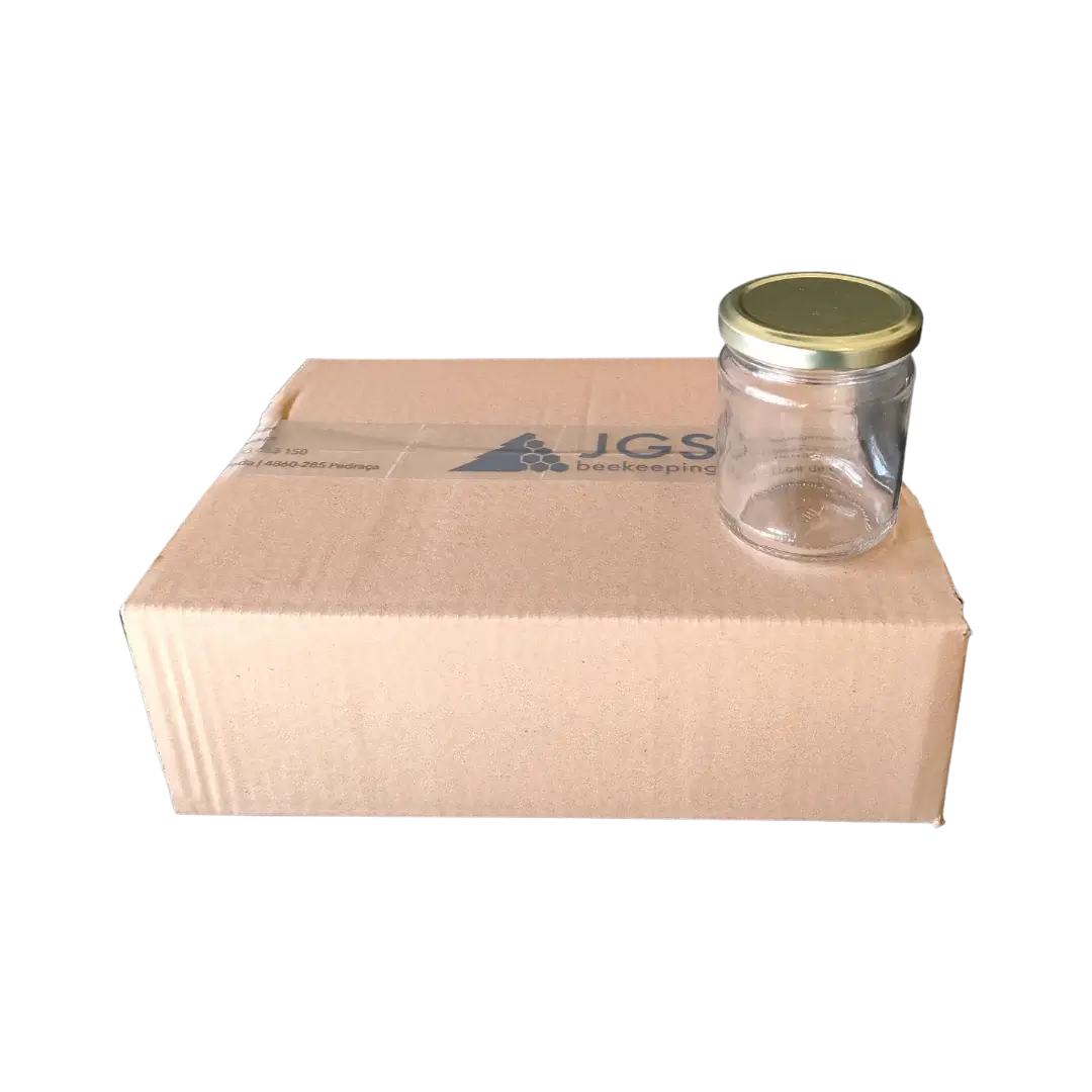 Caixa com 12 frascos de vidro liso, 1/4kg, 212ml, com tampa TO63 dourada