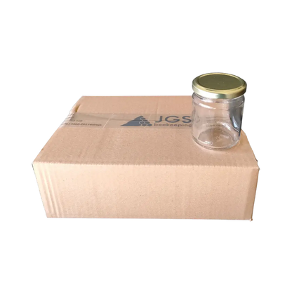 Caixa com 12 frascos de vidro liso, 1/4kg, 212ml, com tampa TO63 dourada