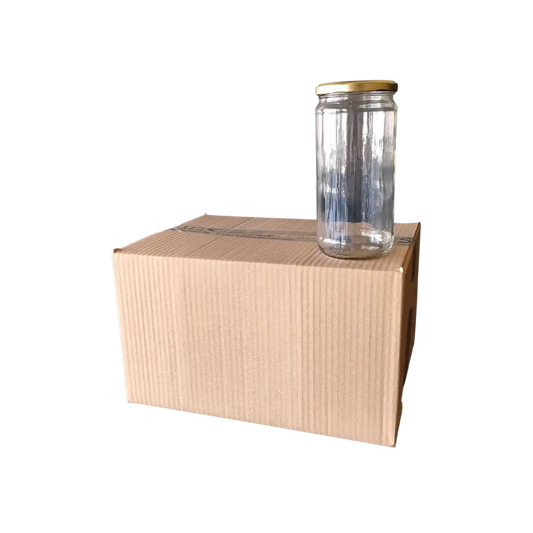 Caixa com 12 frascos de vidro liso, 1kg, 750ml, com tampa incluída em dourada