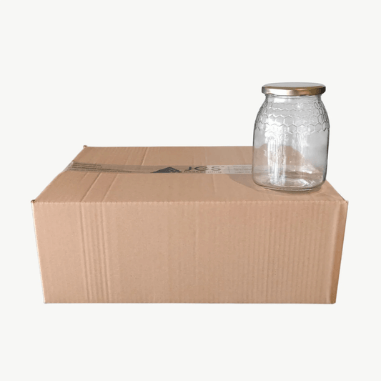Caixa com 12 frascos de vidro, 1kg, 750ml, com tampa TO77 em dourada incluída