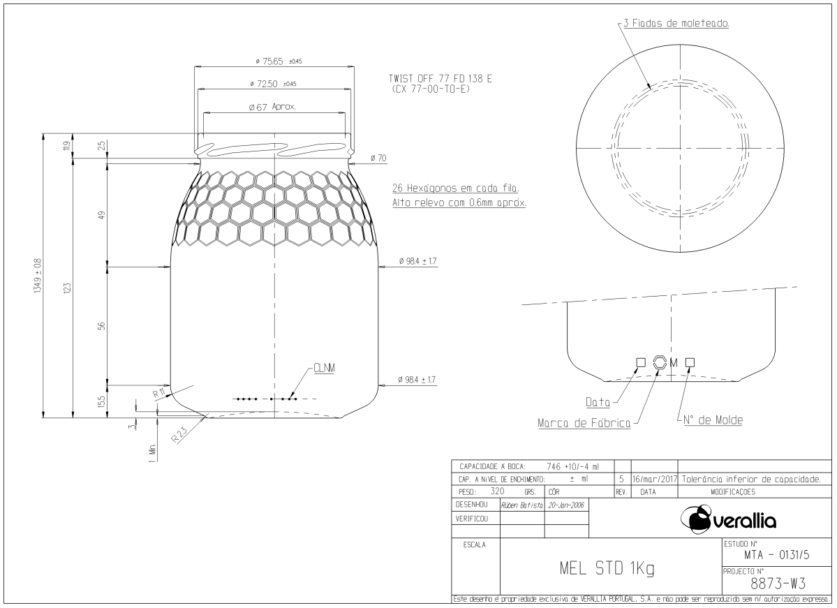 Dimensões do frasco de vidro 1kg, TO 77