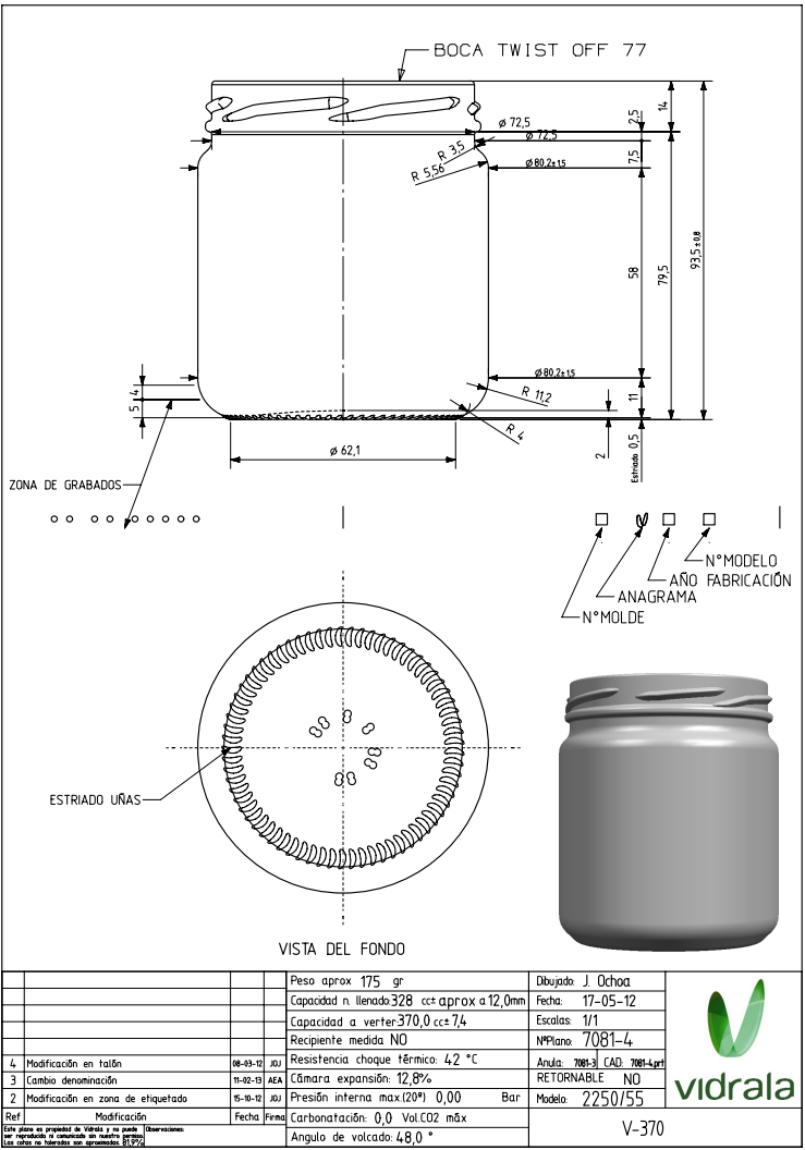 Dimensões frasco liso JGS ½ kg
