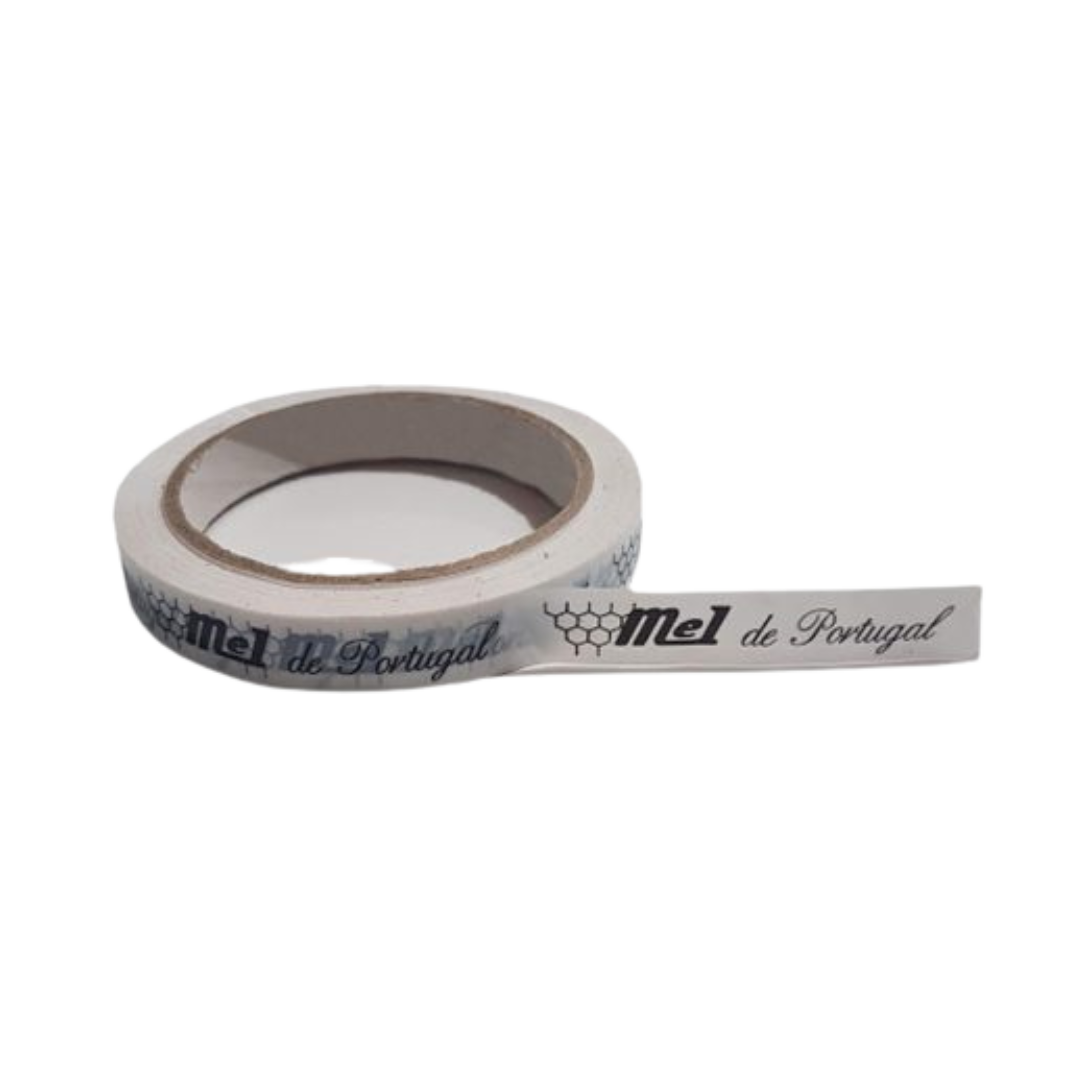 Fita para selar frasco em branco, com inscrição "Mel de Portugal"