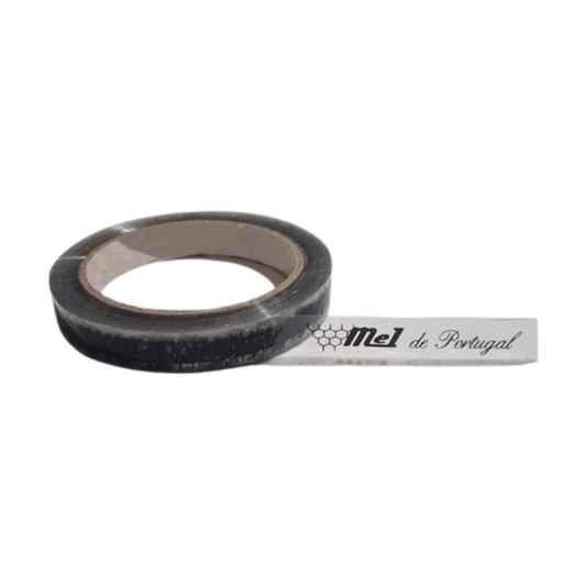 Fita para selar frasco em preto, com inscrição "Mel de Portugal"