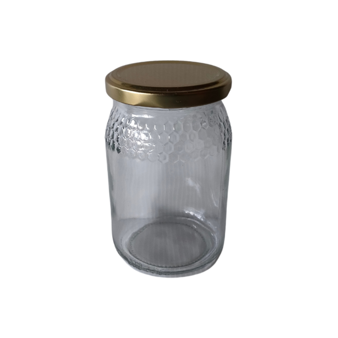 Frasco de vidro em favos, 1/2kg com TO66 dourada