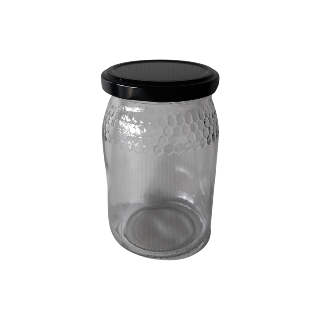 Frasco de vidro em favos, 1/2kg com TO66 preta