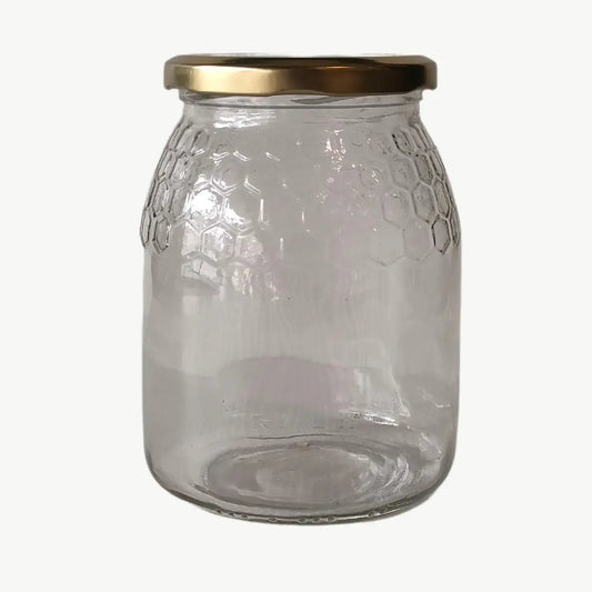 Frasco de vidro em favos, 1kg, com tampa TO77 dourada incluída