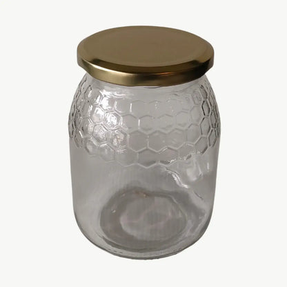 Frasco de vidro em favos, 1kg, com tampa TO77 dourada incluída