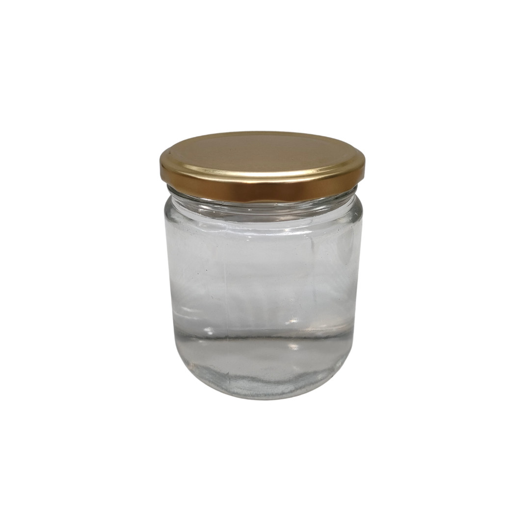 Frasco vidro liso, 1/2kg com TO77 dourada