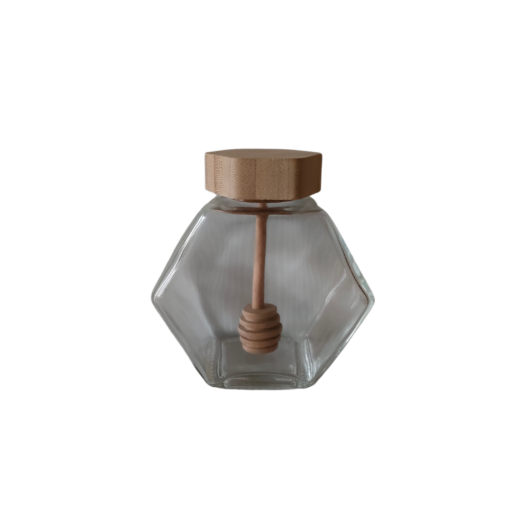 Frasco hexagonal de 220ml com tampa e colher